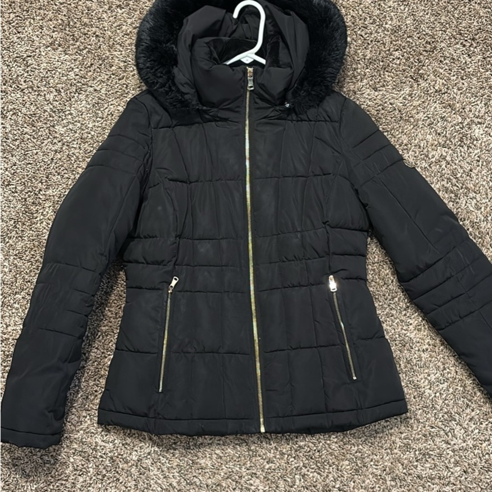 Calvin Klein Black Puffer Jacket with Faux Fur Trim